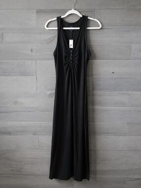 GAP Black Sleeveless Bodycon Maxi Dress Ruched Button Front Stretchy NWT Size S